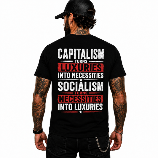 Capitalism Turns Luxuries Into Necessities Shirt Conservative Political Graphic Tee Patriot Gift For Adults