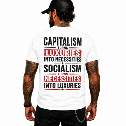 Capitalism Turns Luxuries Into Necessities Shirt Conservative Political Graphic Tee Patriot Gift For Adults