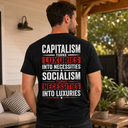 Capitalism Turns Luxuries Into Necessities Shirt Conservative Political Graphic Tee Patriot Gift For Adults