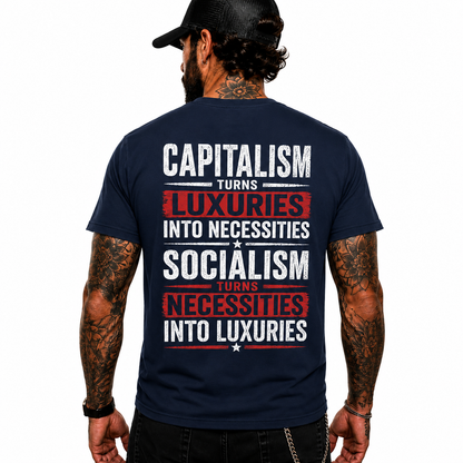 Capitalism Turns Luxuries Into Necessities Shirt Conservative Political Graphic Tee Patriot Gift For Adults