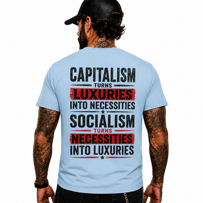 Capitalism Turns Luxuries Into Necessities Shirt Conservative Political Graphic Tee Patriot Gift For Adults