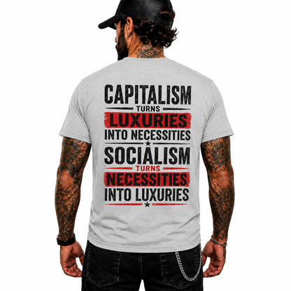 Capitalism Turns Luxuries Into Necessities Shirt Conservative Political Graphic Tee Patriot Gift For Adults