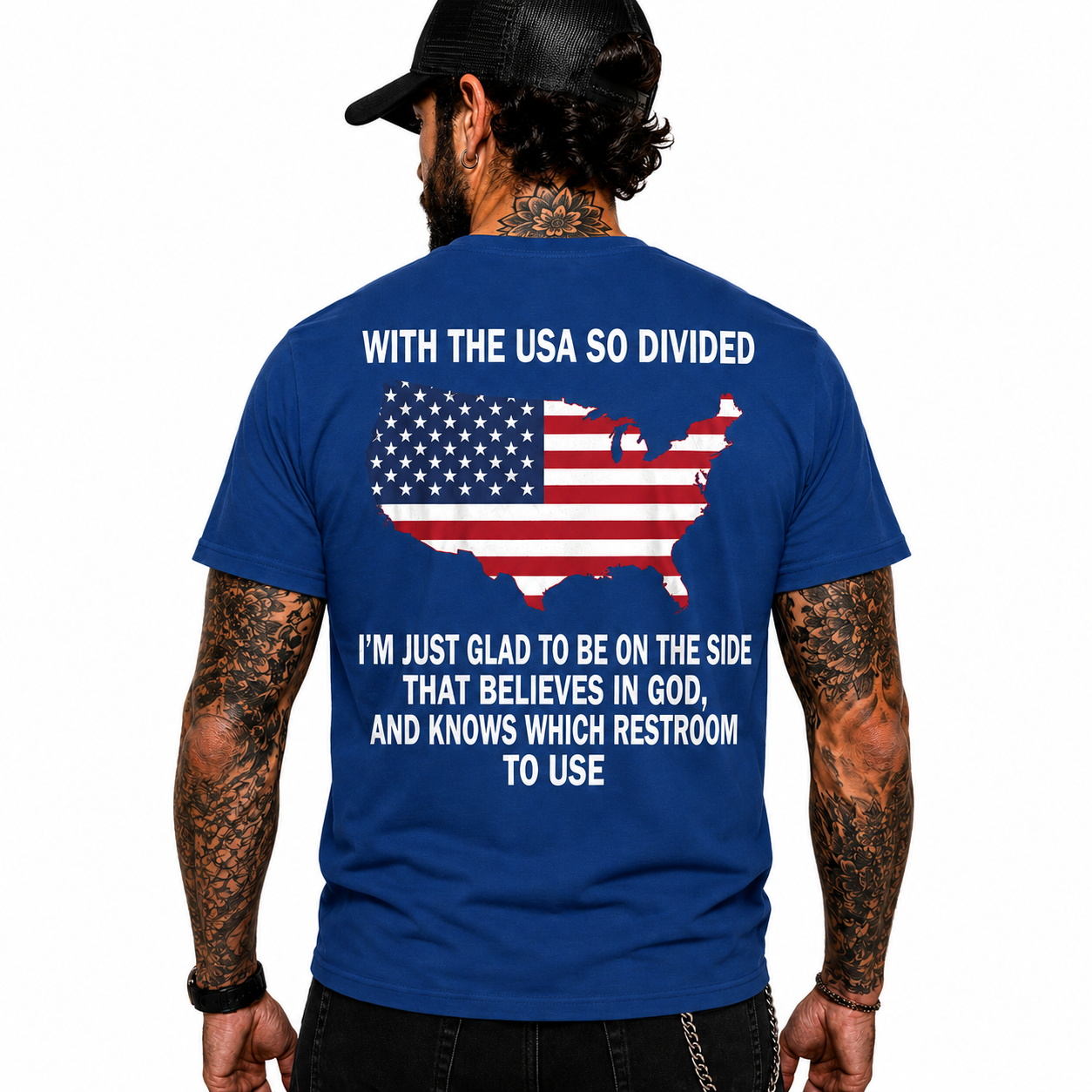 With The USA So Divided Im Glad To Be On The Side That Believes In God Shirt Funny Conservative Patriotic Graphic Tee Christian Gift For Adults