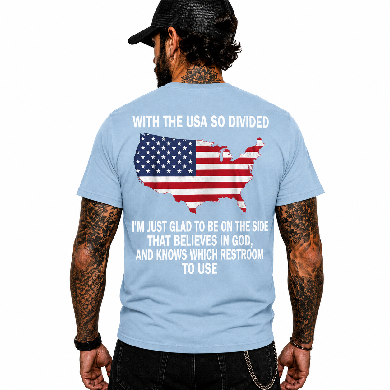 With The USA So Divided Im Glad To Be On The Side That Believes In God Shirt Funny Conservative Patriotic Graphic Tee Christian Gift For Adults