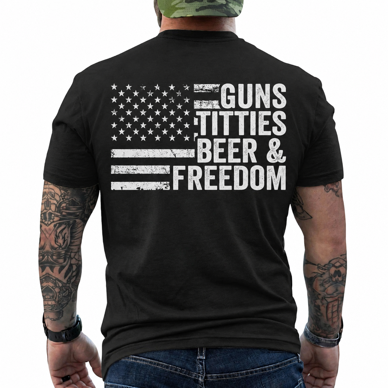 Guns Titties Beer And Freedom Shirt Funny Patriotic Graphic Tee American Flag Gift For Men