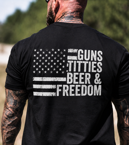 Guns Titties Beer And Freedom Shirt Funny Patriotic Graphic Tee American Flag Gift For Men