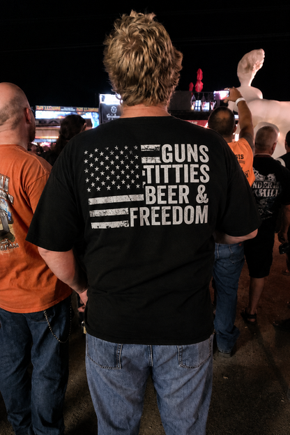 Guns Titties Beer And Freedom Shirt Funny Patriotic Graphic Tee American Flag Gift For Men