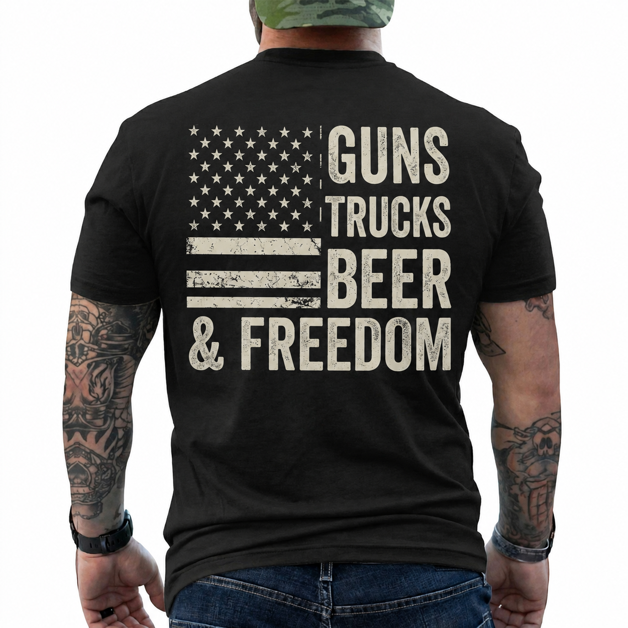 Guns Trucks Beer And Freedom Shirt Patriotic American Flag Graphic Tee Country Gift For Men