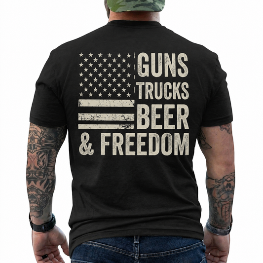 Guns Trucks Beer And Freedom Shirt Patriotic American Flag Graphic Tee Country Gift For Men