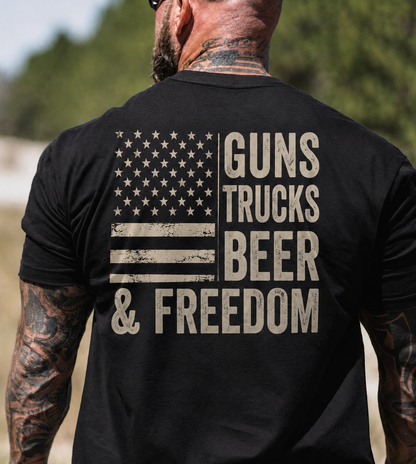 Guns Trucks Beer And Freedom Shirt Patriotic American Flag Graphic Tee Country Gift For Men