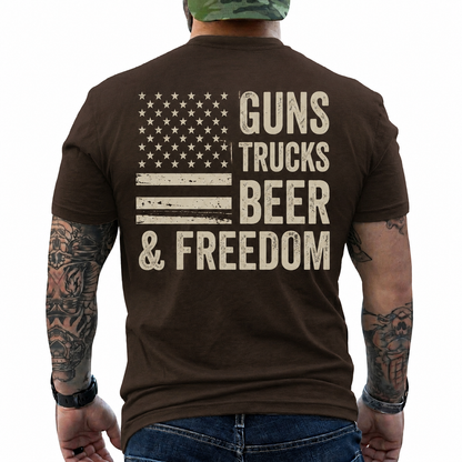 Guns Trucks Beer And Freedom Shirt Patriotic American Flag Graphic Tee Country Gift For Men