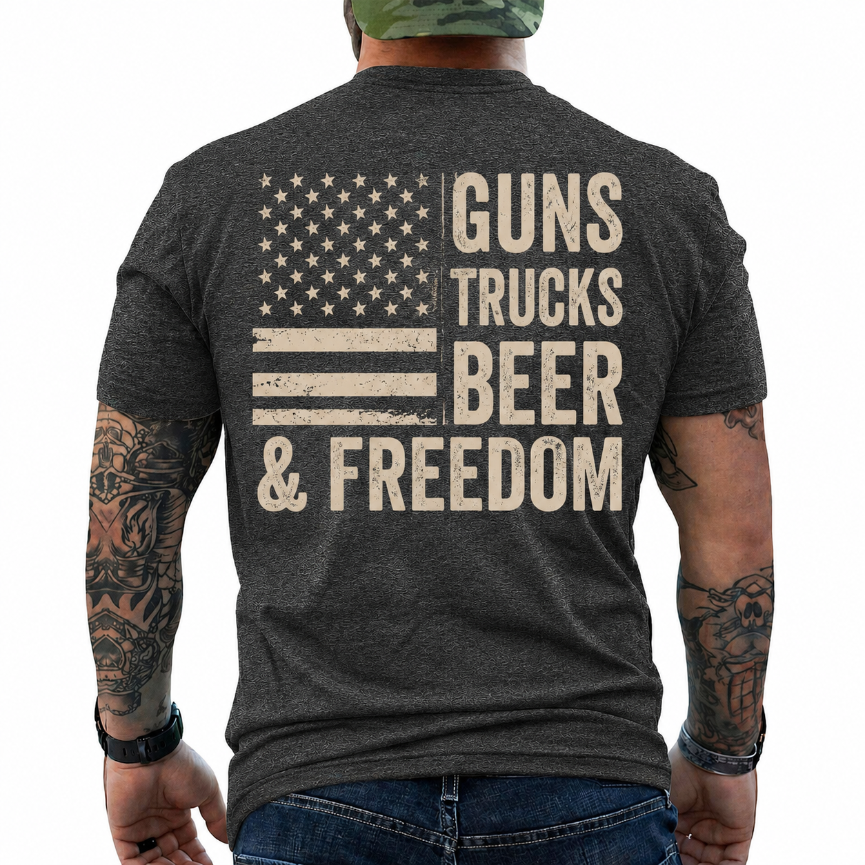 Guns Trucks Beer And Freedom Shirt Patriotic American Flag Graphic Tee Country Gift For Men