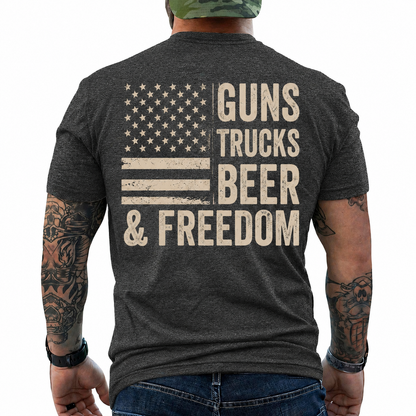 Guns Trucks Beer And Freedom Shirt Patriotic American Flag Graphic Tee Country Gift For Men