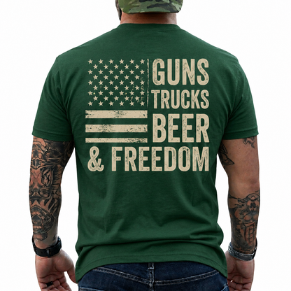 Guns Trucks Beer And Freedom Shirt Patriotic American Flag Graphic Tee Country Gift For Men