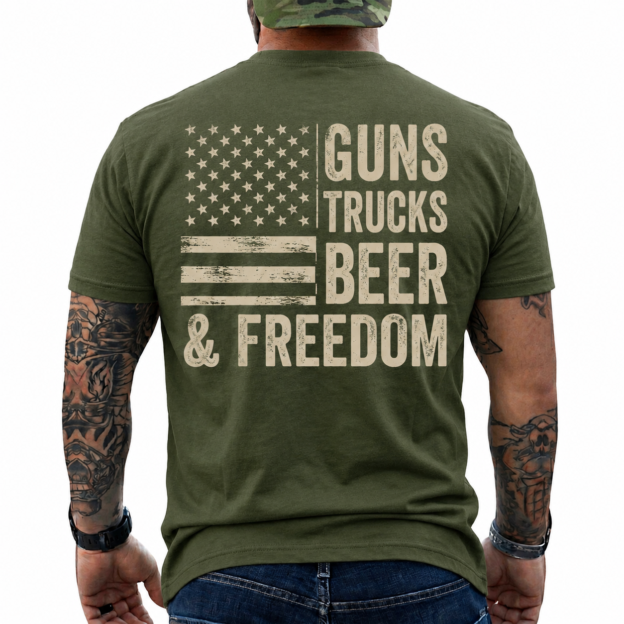 Guns Trucks Beer And Freedom Shirt Patriotic American Flag Graphic Tee Country Gift For Men