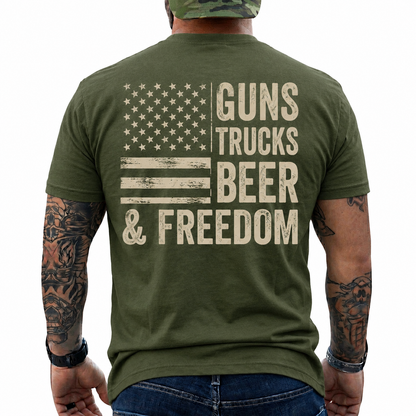 Guns Trucks Beer And Freedom Shirt Patriotic American Flag Graphic Tee Country Gift For Men