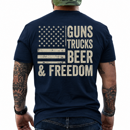 Guns Trucks Beer And Freedom Shirt Patriotic American Flag Graphic Tee Country Gift For Men