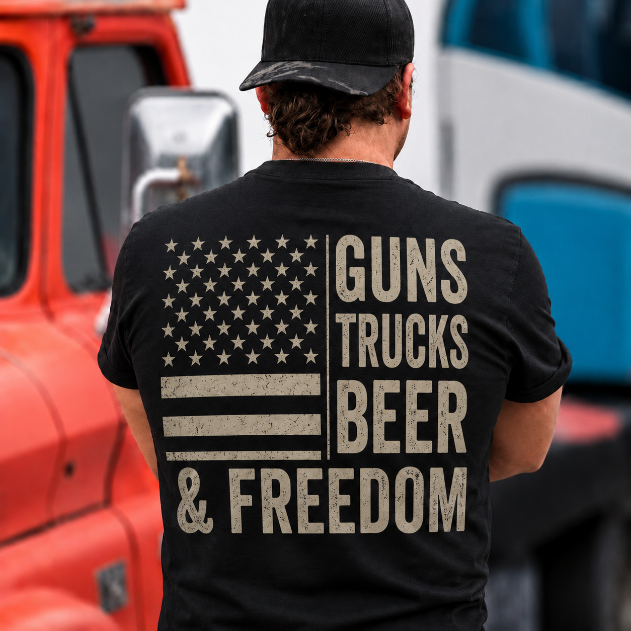 Guns Trucks Beer And Freedom Shirt Patriotic American Flag Graphic Tee Country Gift For Men