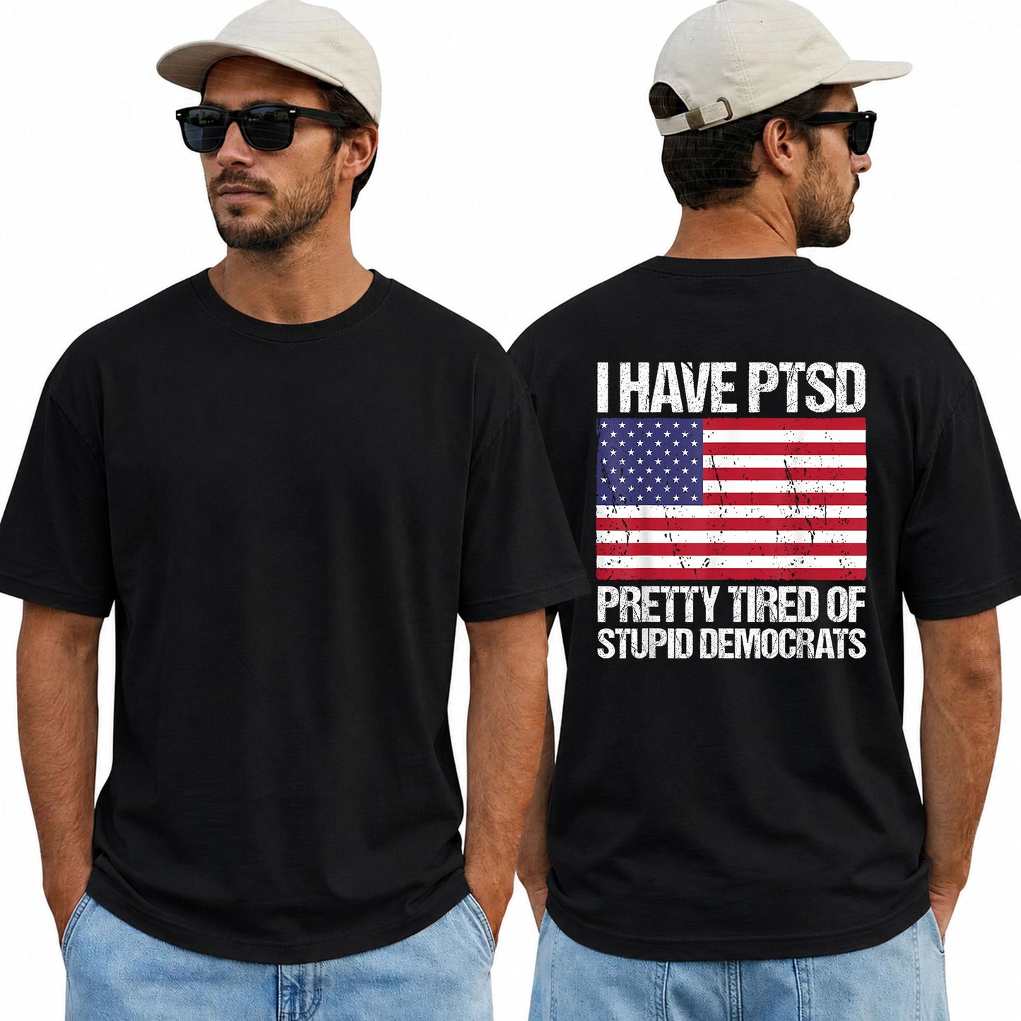I Have PTSD Pretty Tired Of Stupid Democrats Shirt Funny Conservative Political Graphic Tee American Flag Patriot Gift For Adults
