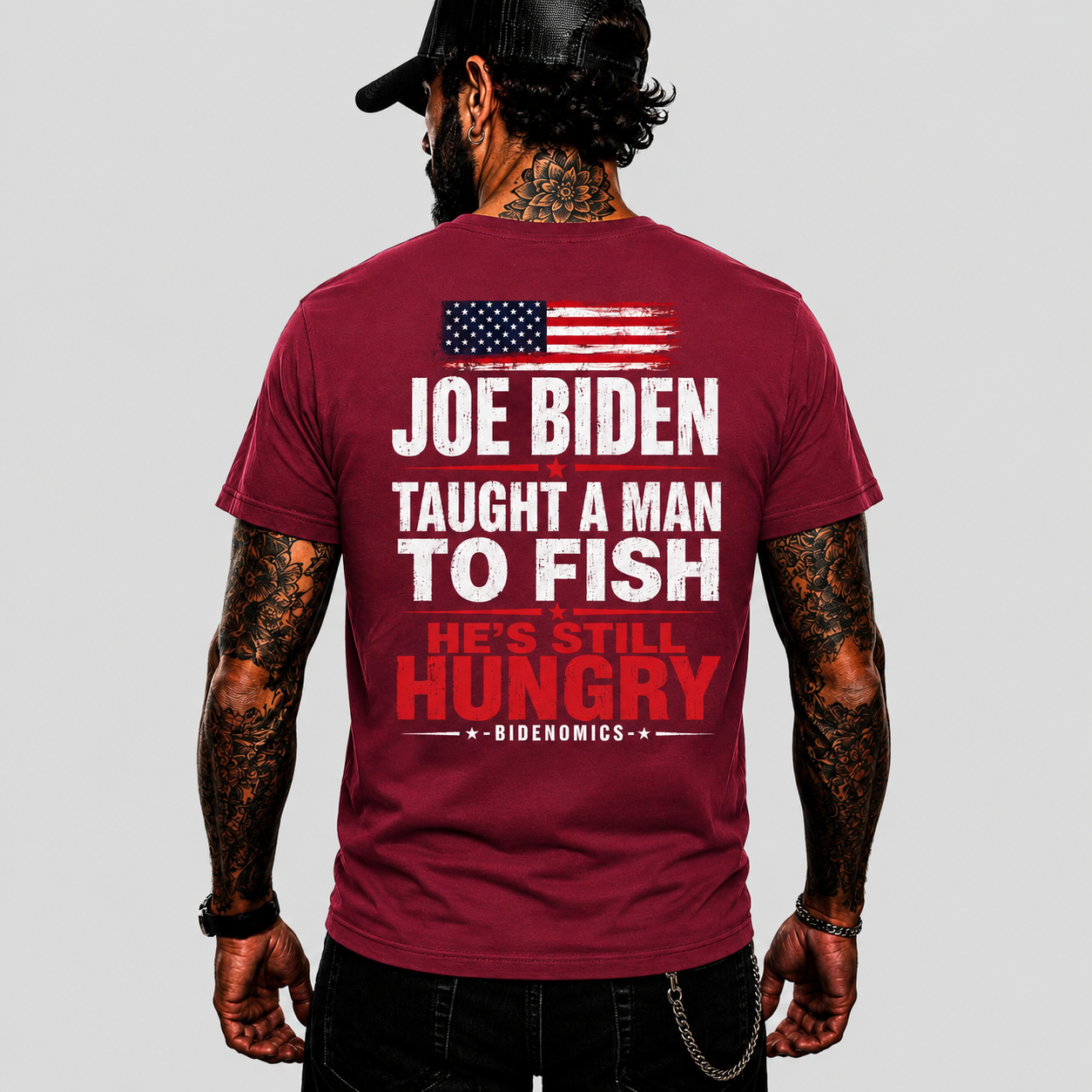 Joe Biden Taught A Man To Fish Hes Still Hungry Shirt Funny Anti Biden Political Graphic Tee Conservative Gift For Adults