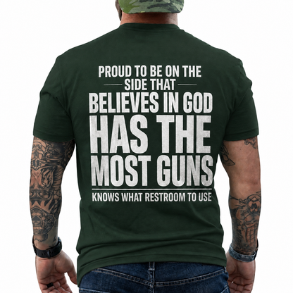 Proud To Be On The Side That Believes In God Shirt Funny Conservative Patriotic Graphic Tee Christian Gift For Adults