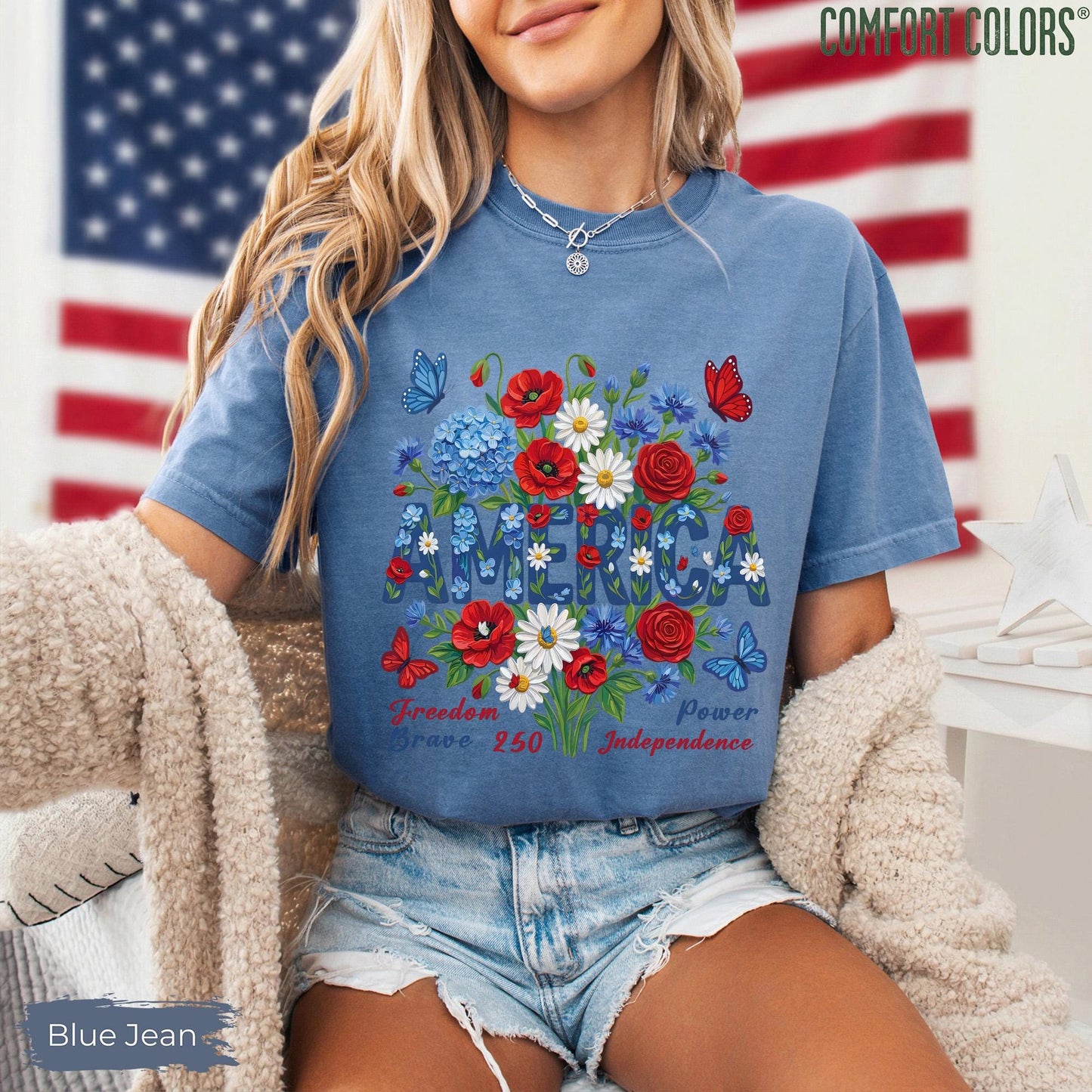 Comfort Colors® America Shirt, Patriotic Flower Tee, Independence Day Shirt, USA Floral Shirt, American Flag, Not Real Painting