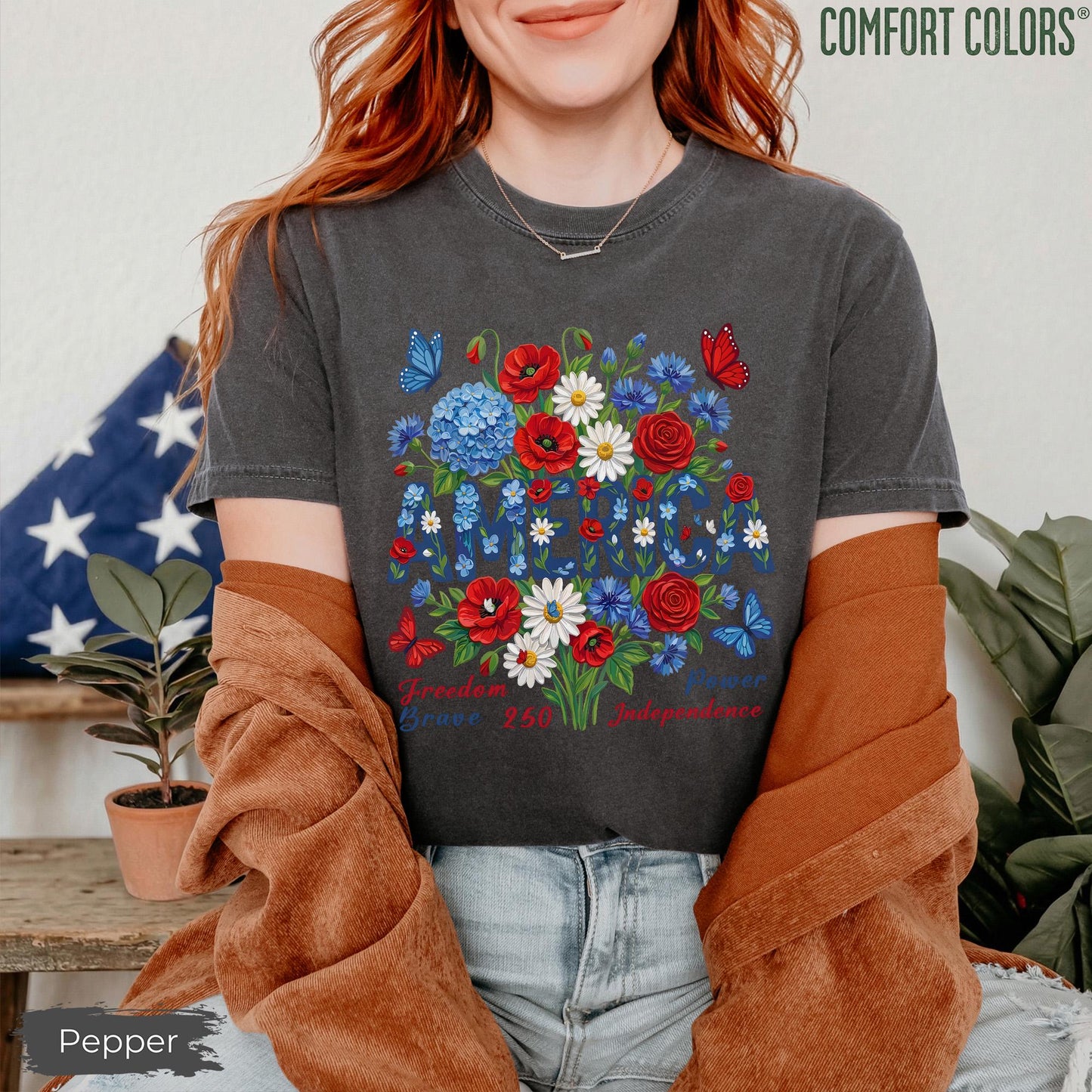 Comfort Colors® America Shirt, Patriotic Flower Tee, Independence Day Shirt, USA Floral Shirt, American Flag, Not Real Painting