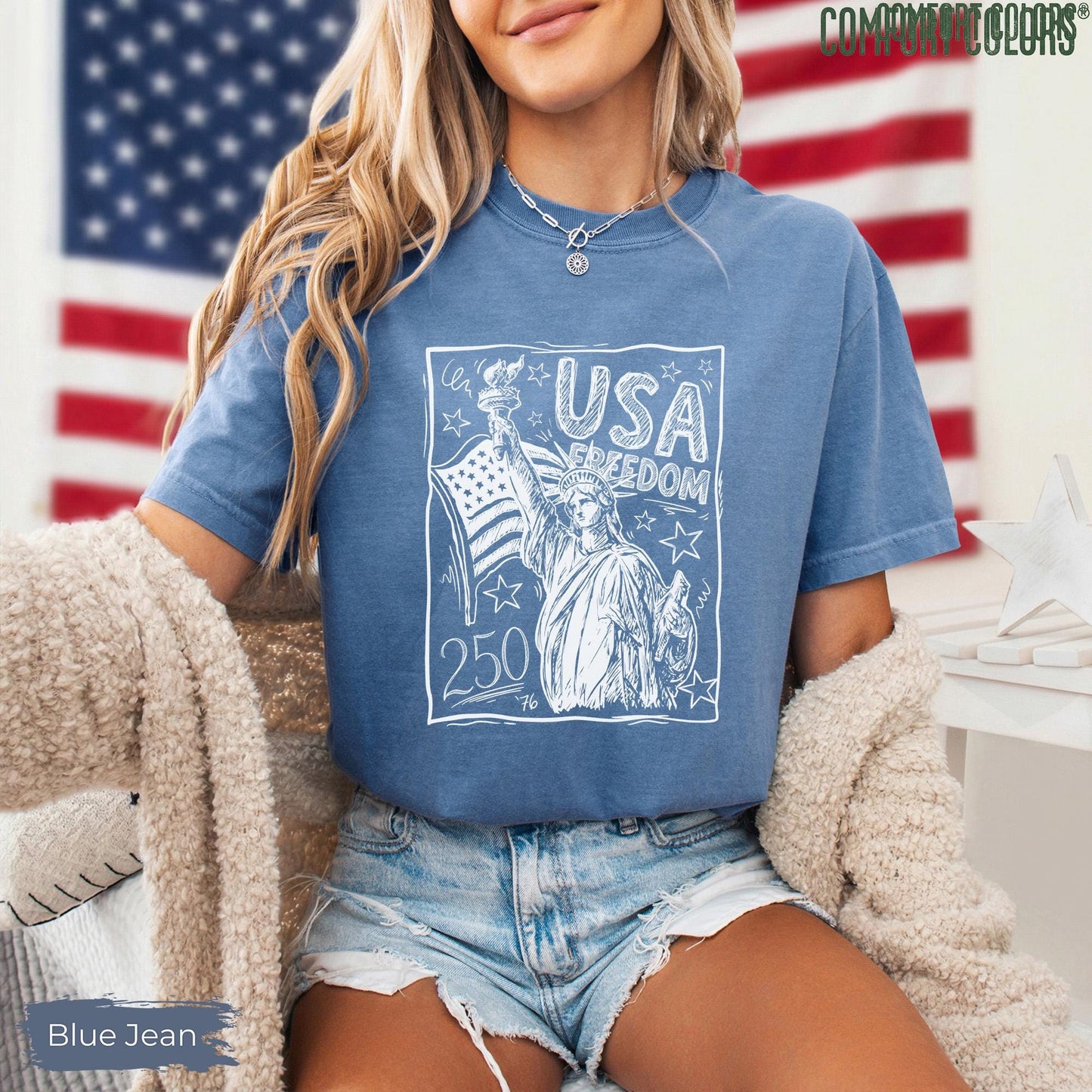 Comfort Colors Statue of Liberty Shirt, USA 250 Vintage America Tee, 4th of July T Shirt, Retro Patriotic Graphic Tee, American Flag Shirt