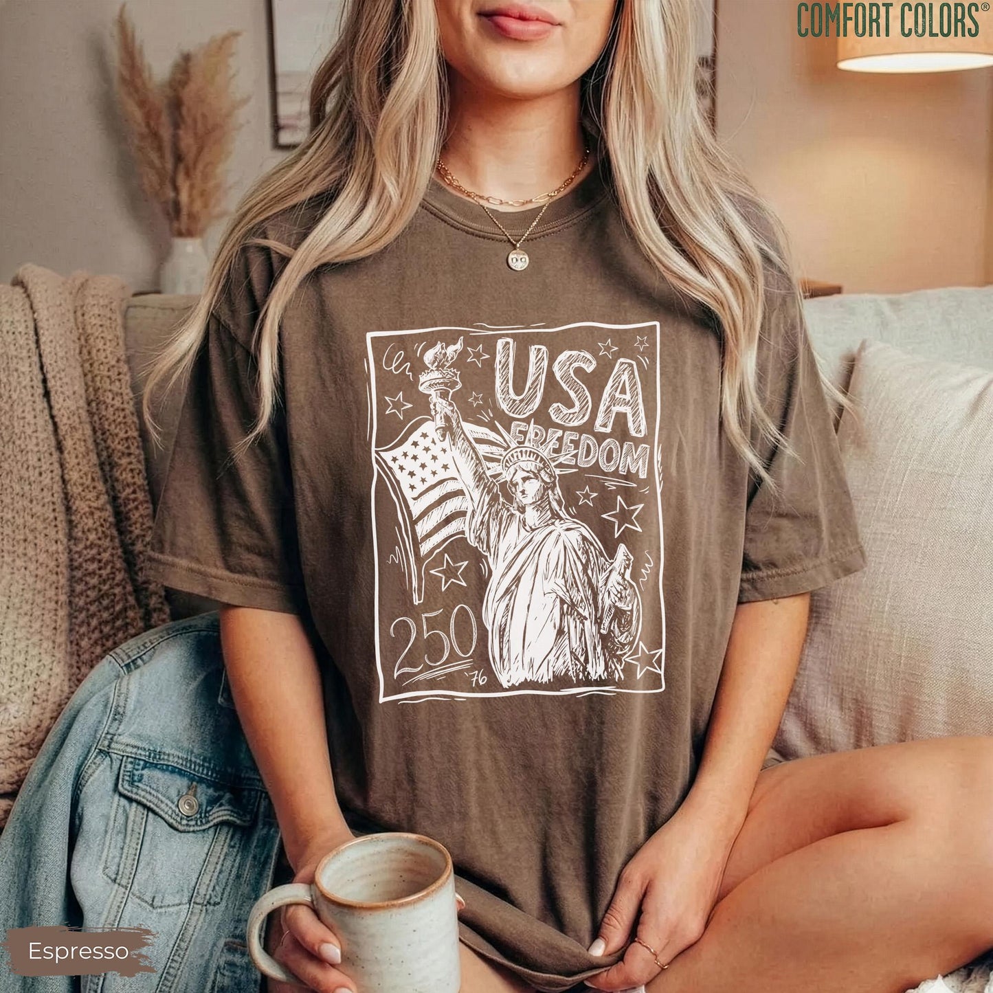 Comfort Colors Statue of Liberty Shirt, USA 250 Vintage America Tee, 4th of July T Shirt, Retro Patriotic Graphic Tee, American Flag Shirt