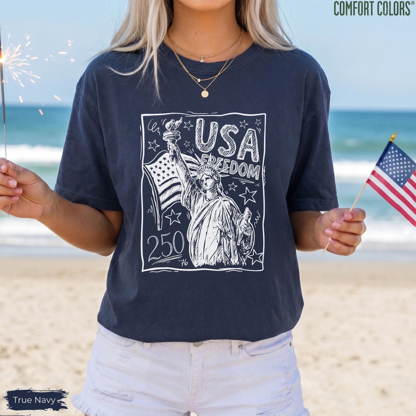 Comfort Colors Statue of Liberty Shirt, USA 250 Vintage America Tee, 4th of July T Shirt, Retro Patriotic Graphic Tee, American Flag Shirt