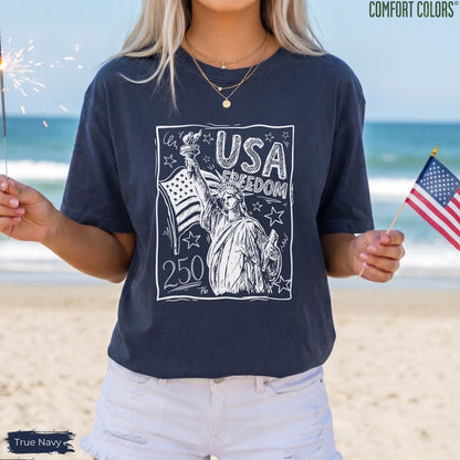 Comfort Colors Statue of Liberty Shirt, USA 250 Vintage America Tee, 4th of July T Shirt, Retro Patriotic Graphic Tee, American Flag Shirt