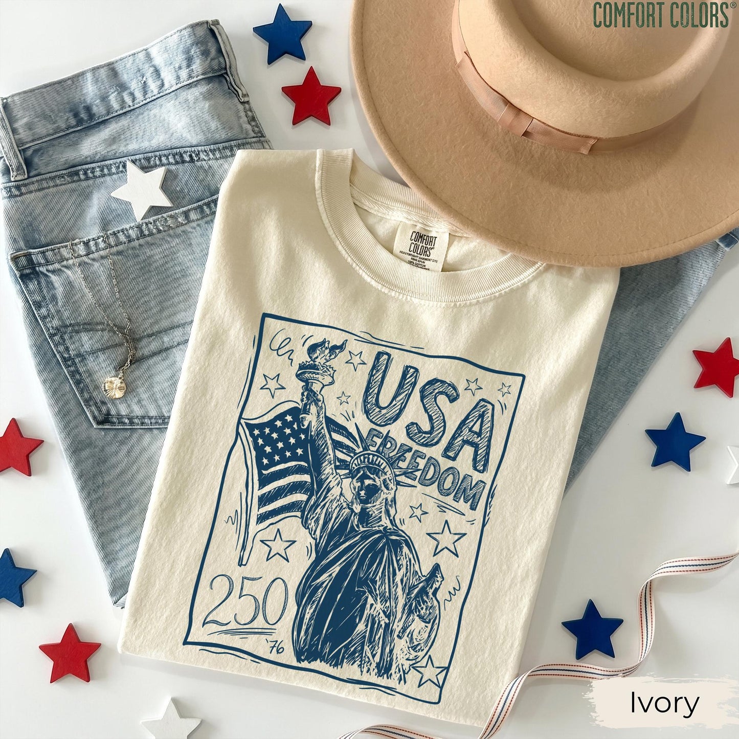 Comfort Colors Statue of Liberty Shirt, USA 250 Vintage America Tee, 4th of July T Shirt, Retro Patriotic Graphic Tee, American Flag Shirt