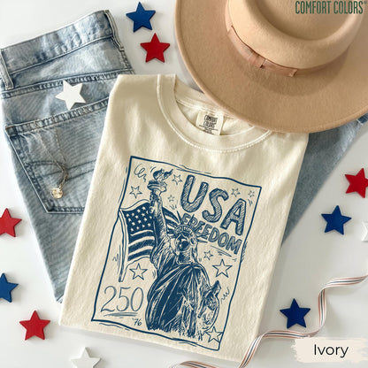 Comfort Colors Statue of Liberty Shirt, USA 250 Vintage America Tee, 4th of July T Shirt, Retro Patriotic Graphic Tee, American Flag Shirt