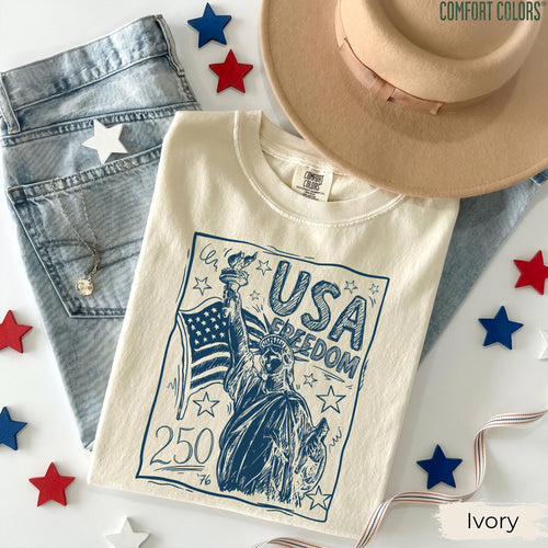 Comfort Colors Statue of Liberty Shirt, USA 250 Vintage America Tee, 4th of July T Shirt, Retro Patriotic Graphic Tee, American Flag Shirt