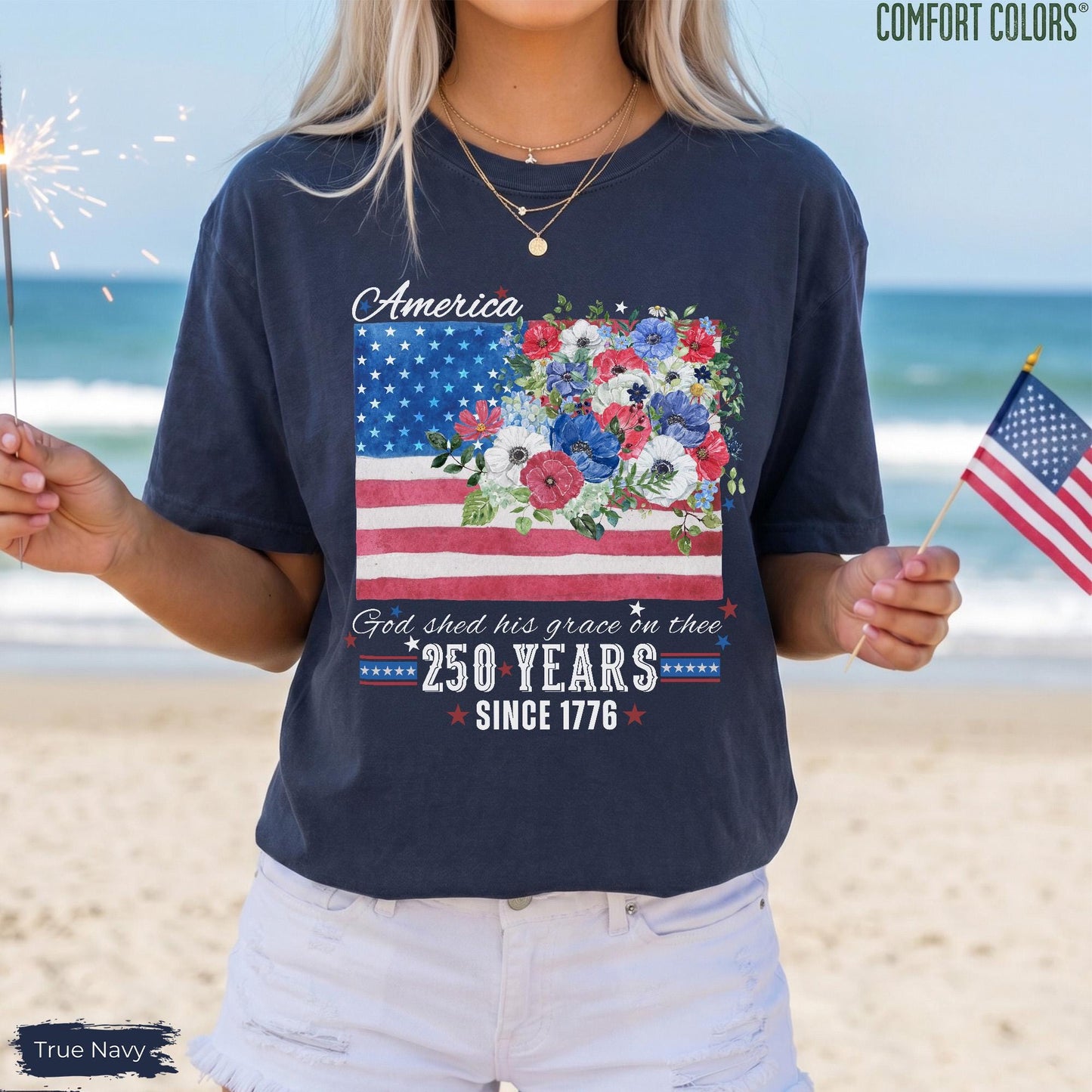 America 250 Years Flag Floral Graphic tshirt, Celebrate 250th Anniversary Patriot Gifted Shirt, 4th of July Patriotism Gift USA, Cottagecore