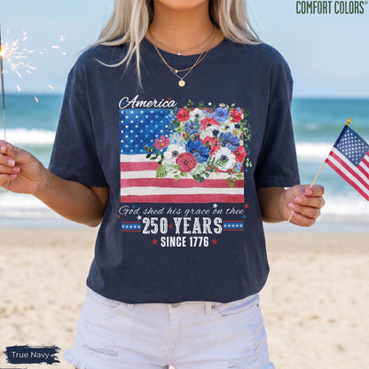 America 250 Years Flag Floral Graphic tshirt, Celebrate 250th Anniversary Patriot Gifted Shirt, 4th of July Patriotism Gift USA, Cottagecore