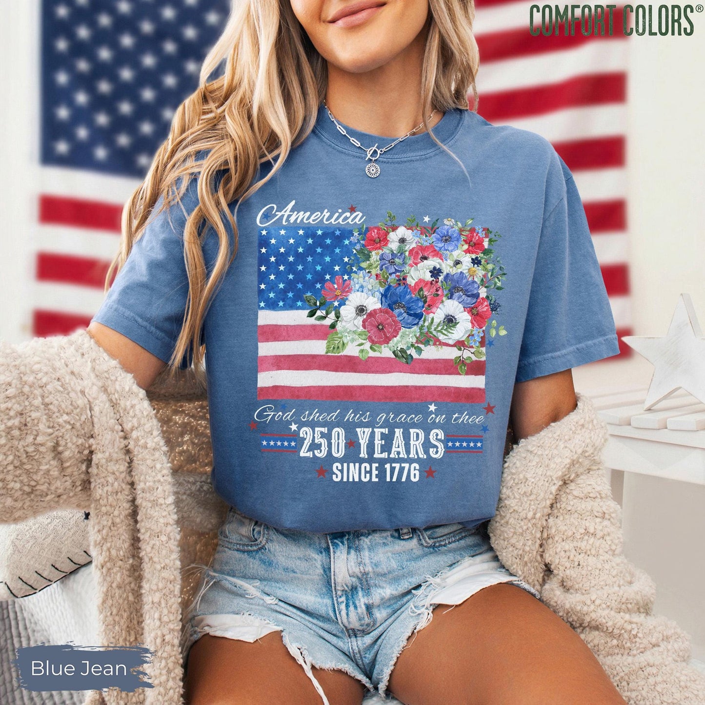 America 250 Years Flag Floral Graphic tshirt, Celebrate 250th Anniversary Patriot Gifted Shirt, 4th of July Patriotism Gift USA, Cottagecore