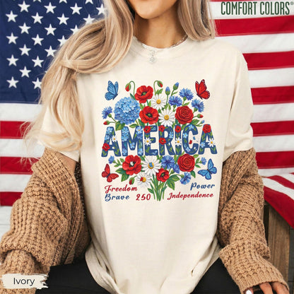 Comfort Colors® America Shirt, Patriotic Flower Tee, Independence Day Shirt, USA Floral Shirt, American Flag, Not Real Painting