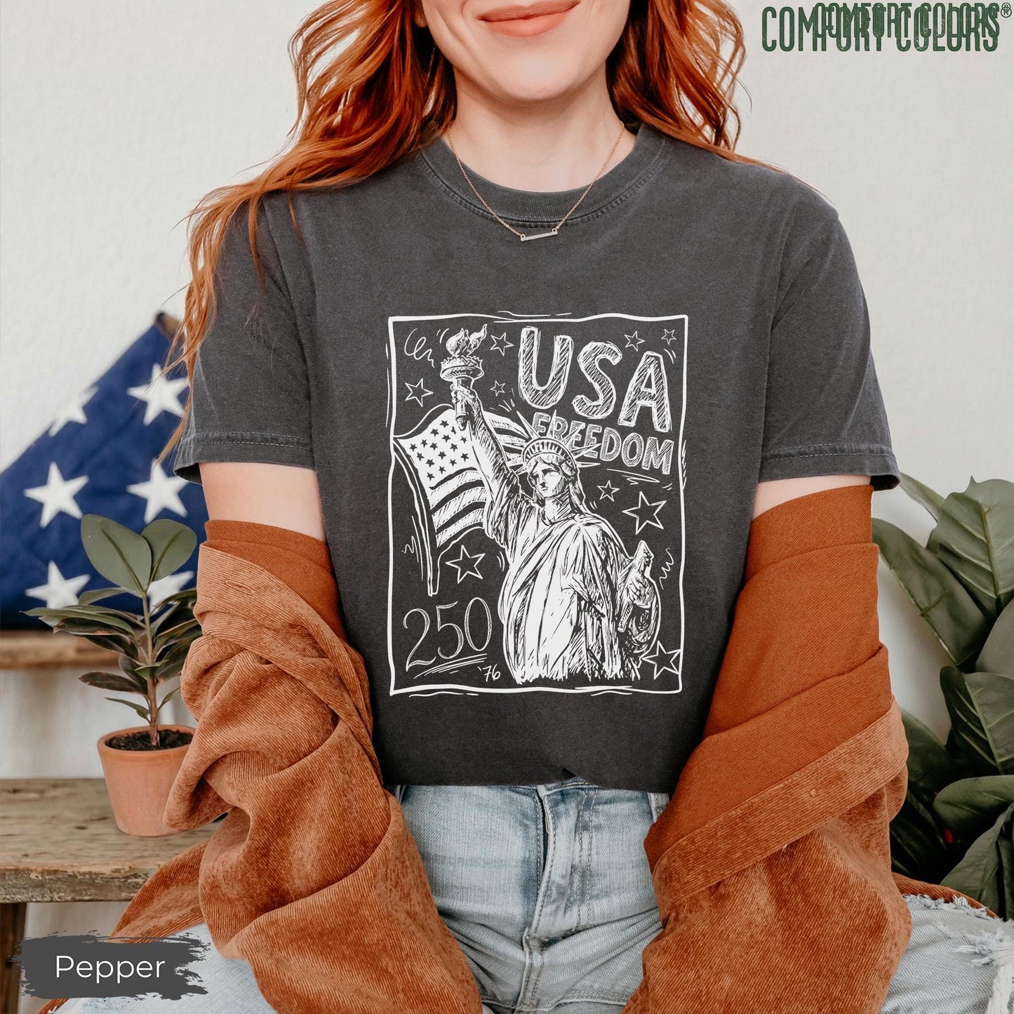 Comfort Colors Statue of Liberty Shirt, USA 250 Vintage America Tee, 4th of July T Shirt, Retro Patriotic Graphic Tee, American Flag Shirt