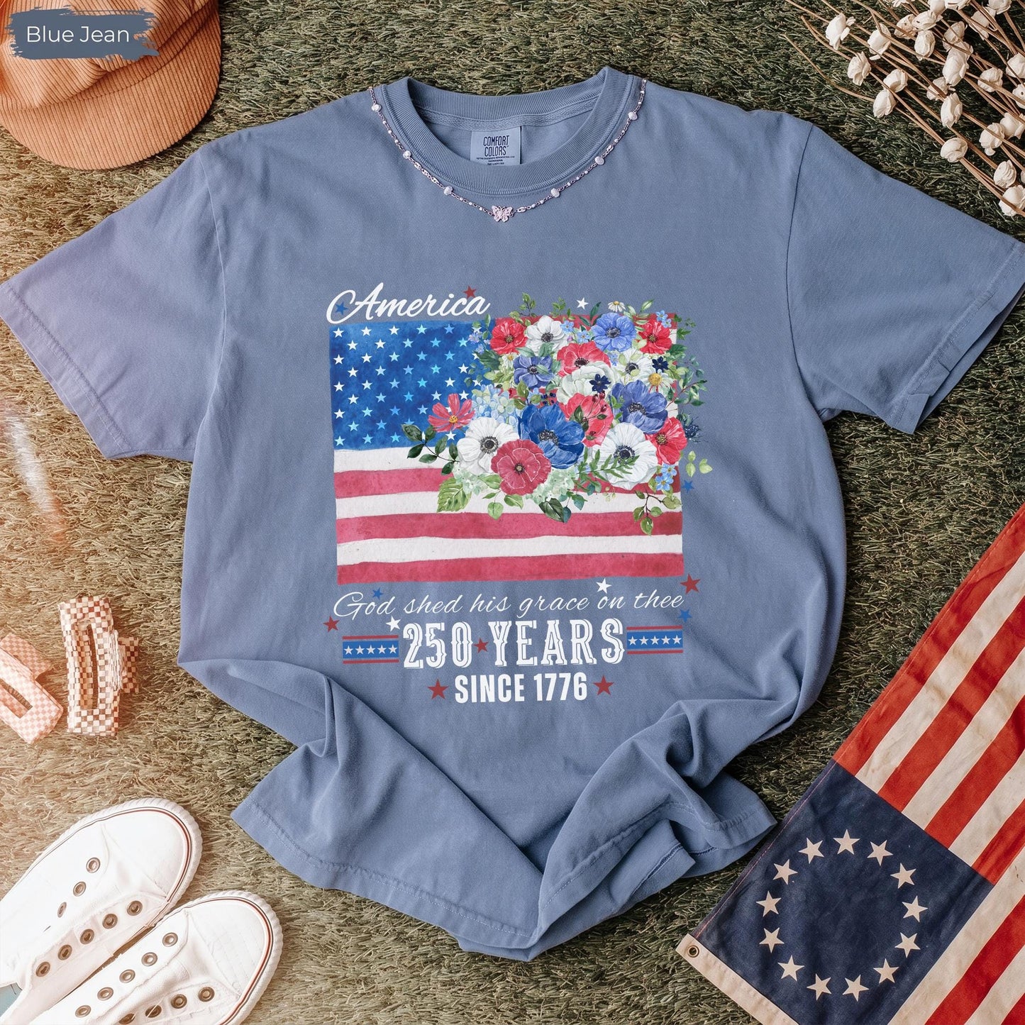 America 250 Years Flag Floral Graphic tshirt, Celebrate 250th Anniversary Patriot Gifted Shirt, 4th of July Patriotism Gift USA, Cottagecore