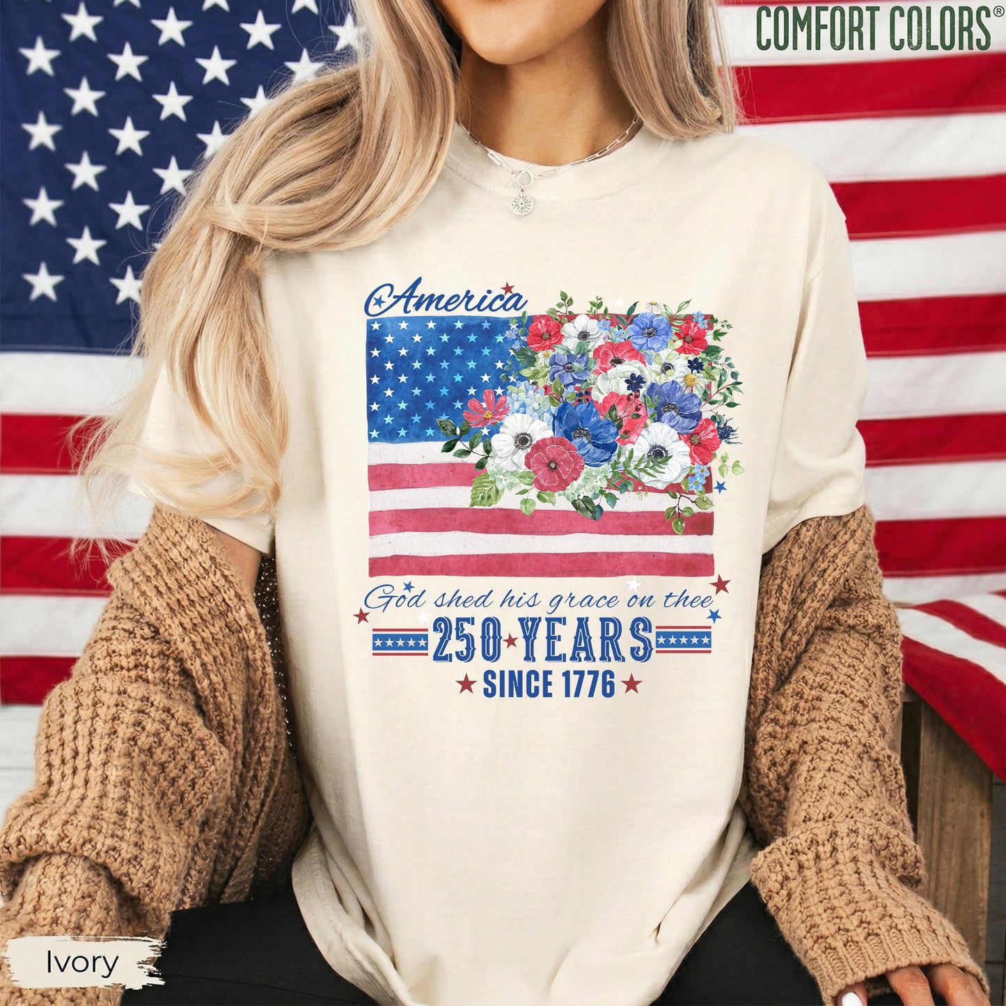 America 250 Years Flag Floral Graphic tshirt, Celebrate 250th Anniversary Patriot Gifted Shirt, 4th of July Patriotism Gift USA, Cottagecore