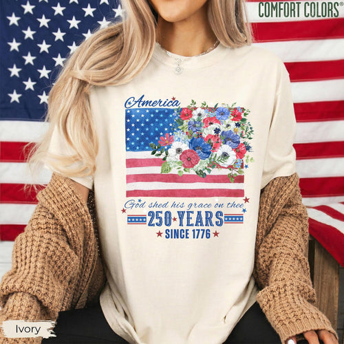 America 250 Years Flag Floral Graphic tshirt, Celebrate 250th Anniversary Patriot Gifted Shirt, 4th of July Patriotism Gift USA, Cottagecore