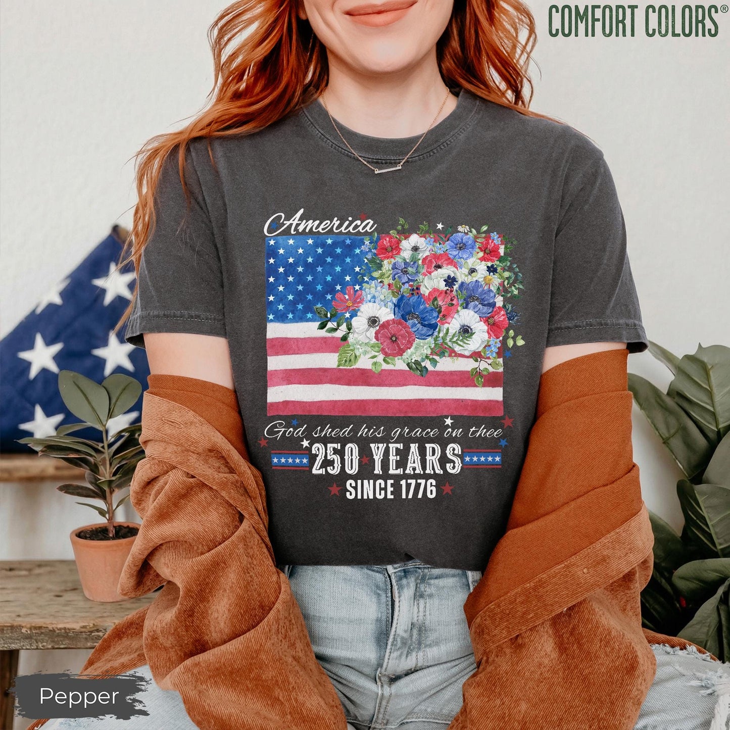 America 250 Years Flag Floral Graphic tshirt, Celebrate 250th Anniversary Patriot Gifted Shirt, 4th of July Patriotism Gift USA, Cottagecore