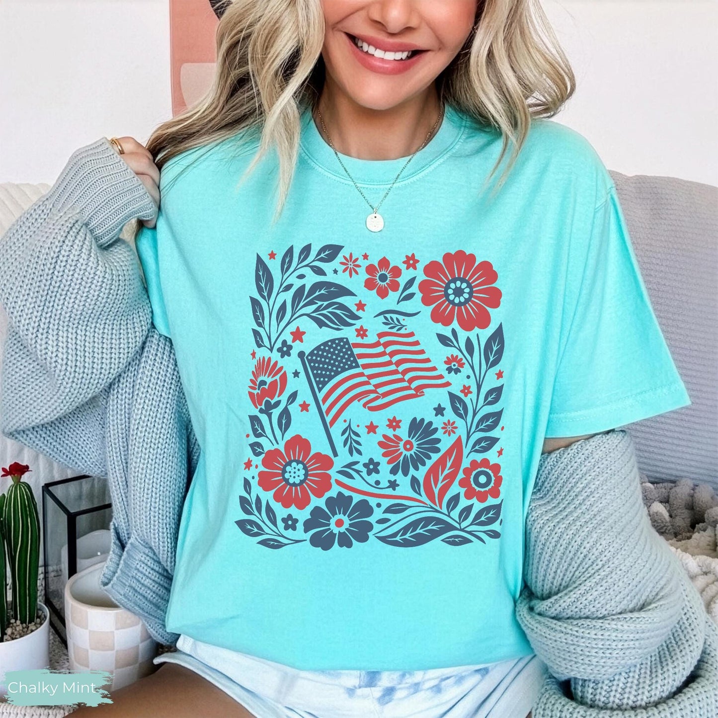 Boho American Flag Floral Comfort Colors® T-Shirt, 4th of July Shirt Women, Patriotic Flower Tee, Americana Aesthetic Shirt, Boho Tee