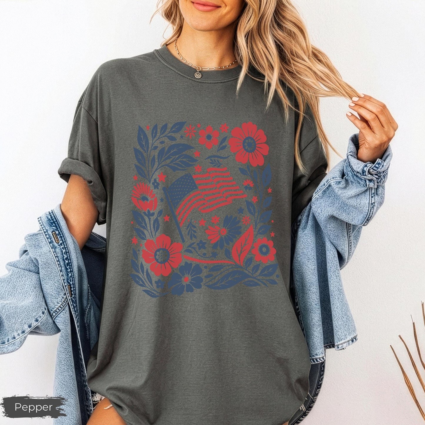 Boho American Flag Floral Comfort Colors® T-Shirt, 4th of July Shirt Women, Patriotic Flower Tee, Americana Aesthetic Shirt, Boho Tee