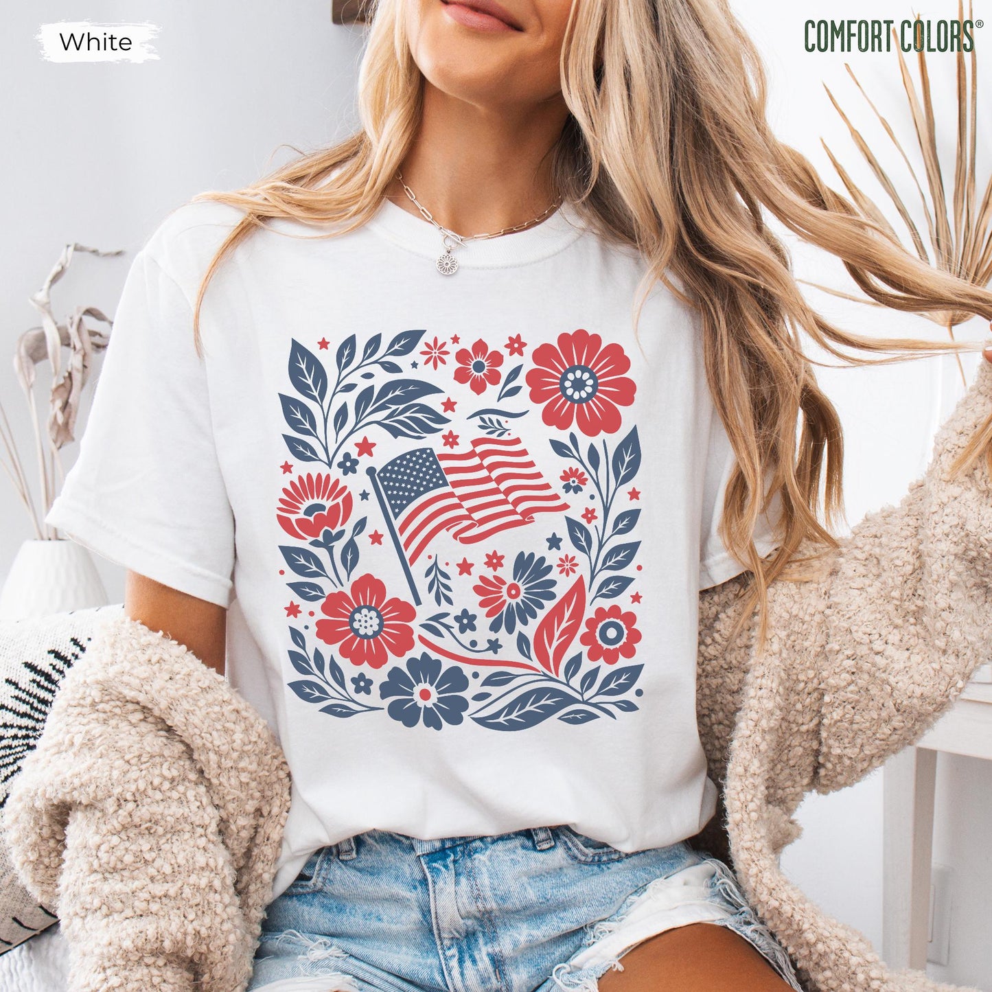 Boho American Flag Floral Comfort Colors® T-Shirt, 4th of July Shirt Women, Patriotic Flower Tee, Americana Aesthetic Shirt, Boho Tee