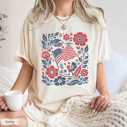 Boho American Flag Floral Comfort Colors® T-Shirt, 4th of July Shirt Women, Patriotic Flower Tee, Americana Aesthetic Shirt, Boho Tee