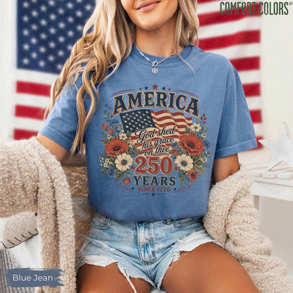 Comfort Colors® America 250 Years Flag & Poppies Shirt, God Shed His Grace on Thee Tee, Patriotic T-Shirt