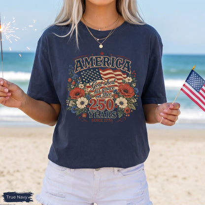 Comfort Colors® America 250 Years Flag & Poppies Shirt, God Shed His Grace on Thee Tee, Patriotic T-Shirt