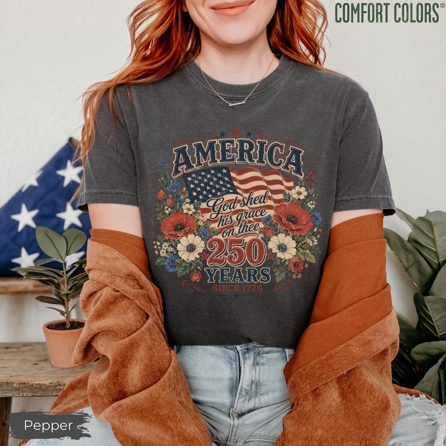 Comfort Colors® America 250 Years Flag & Poppies Shirt, God Shed His Grace on Thee Tee, Patriotic T-Shirt